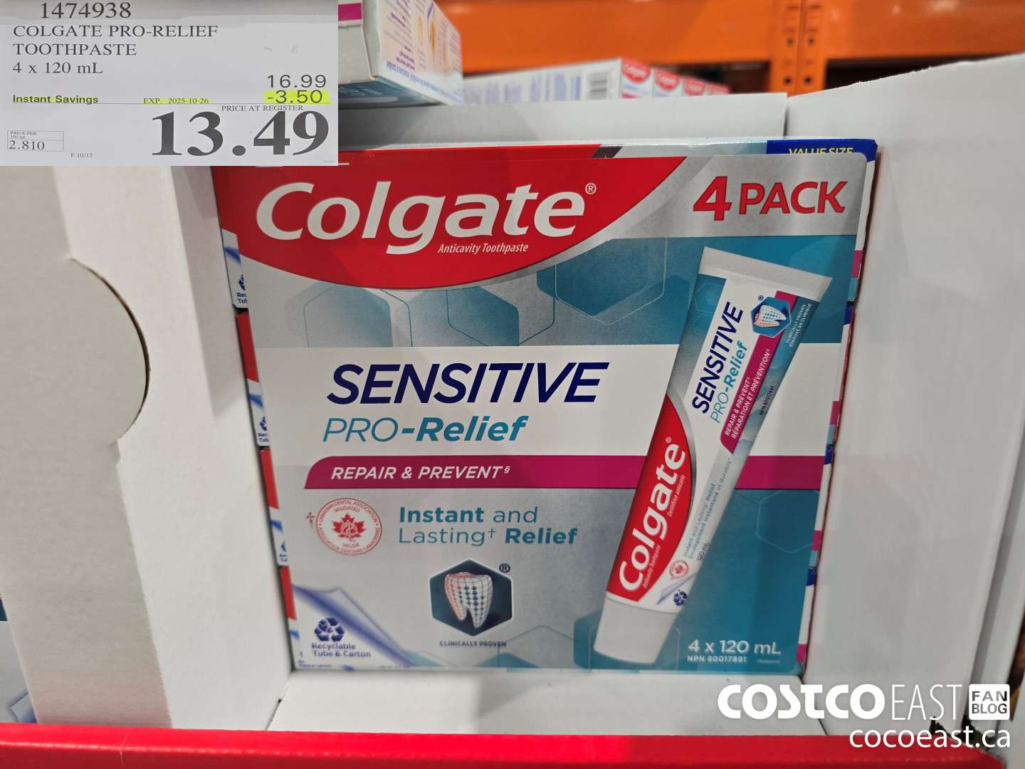 1474938 COLGATE PRO-RELIEF TOOTHPASTE 4x 120 mL ($3.50 INSTANT SAVINGS EXPIRES ON 2025-10-26) $13.49