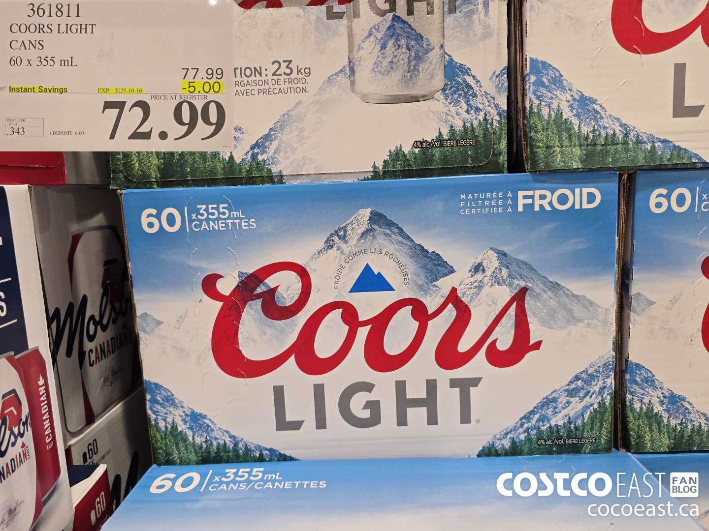 361811 COORS LIGHT CANETTES 60 x 355 ml ($5.00 INSTANT SAVINGS EXPIRES ON 2025-10-16) $72.99
