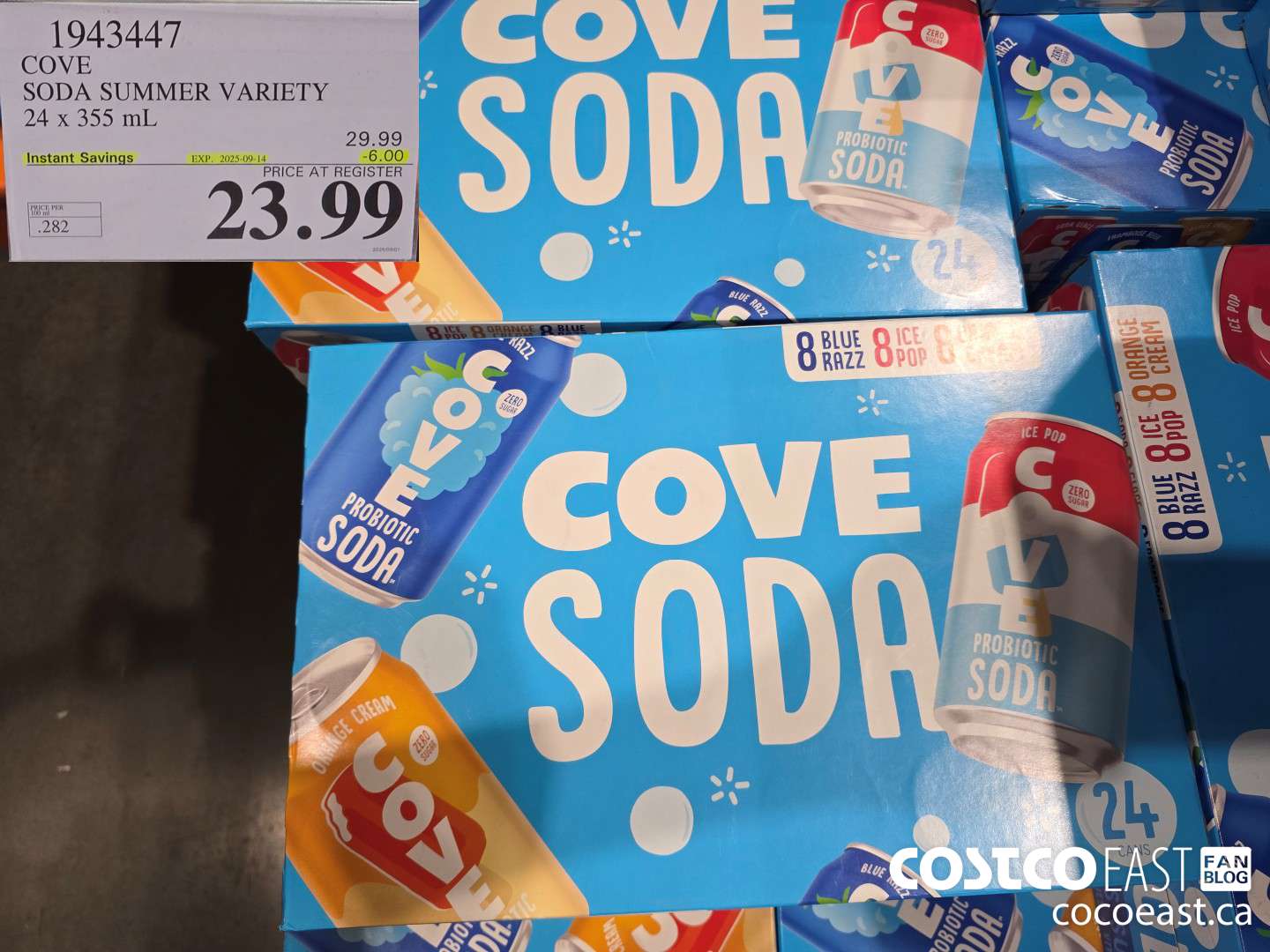1943447 COVE SODA SUMMER VARIETY 24 x 355 mL ($6.00 INSTANT SAVINGS EXPIRES ON 2025-09-14) $23.99