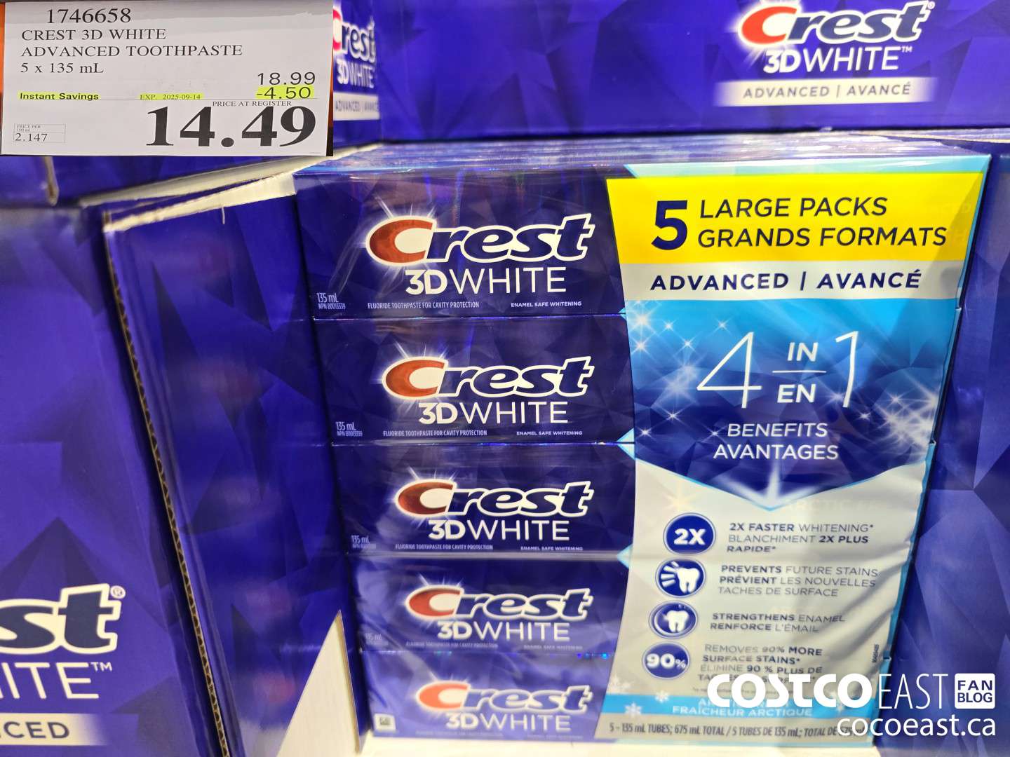 1746658 CREST 3D WHITE ADVANCED TOOTHPASTE 5 X 135 ML ($4.50 INSTANT SAVINGS EXPIRES ON 2025-09-14) $14.49