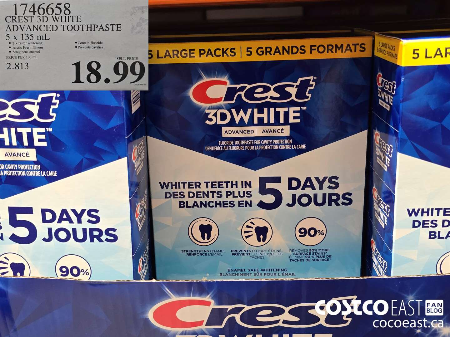 1746658 CREST 3D WHITE ADVANCED TOOTHPASTE 5 X 135 ML $18.99