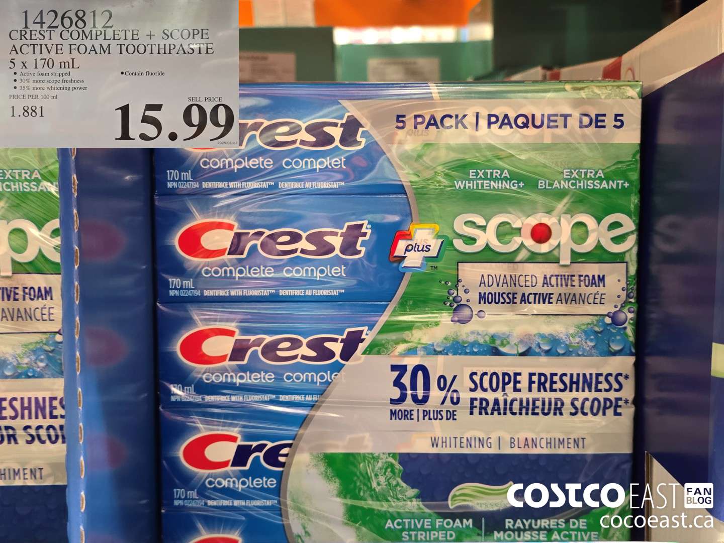 1426812 CREST COMPLETE + SCOPE ACTIVE FOAM TOOTHPASTE 5 X 170 ML $15.99