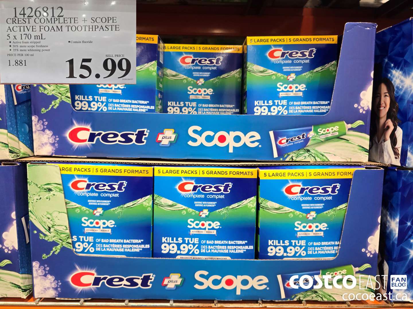 1426812 CREST COMPLETE + SCOPE ACTIVE FOAM TOOTHPASTE 5 X 170 ML $15.99