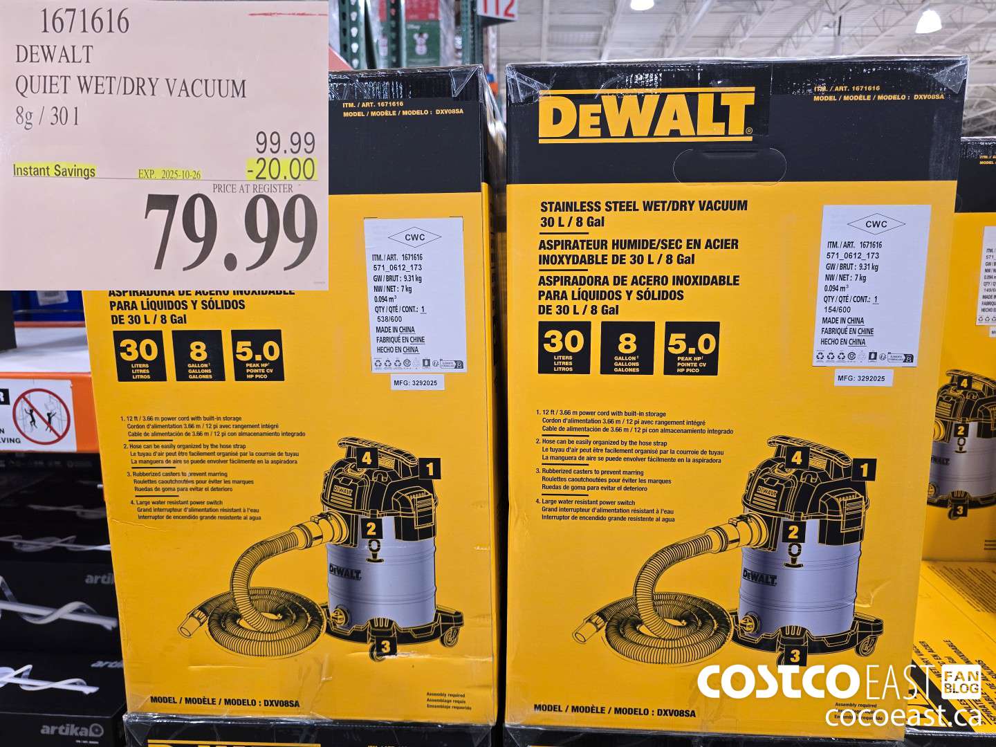 1671616 DEWALT QUIET WET/DRY VACUUM 8G / 30 L ($20.00 INSTANT SAVINGS EXPIRES ON 2025-10-26) $79.99