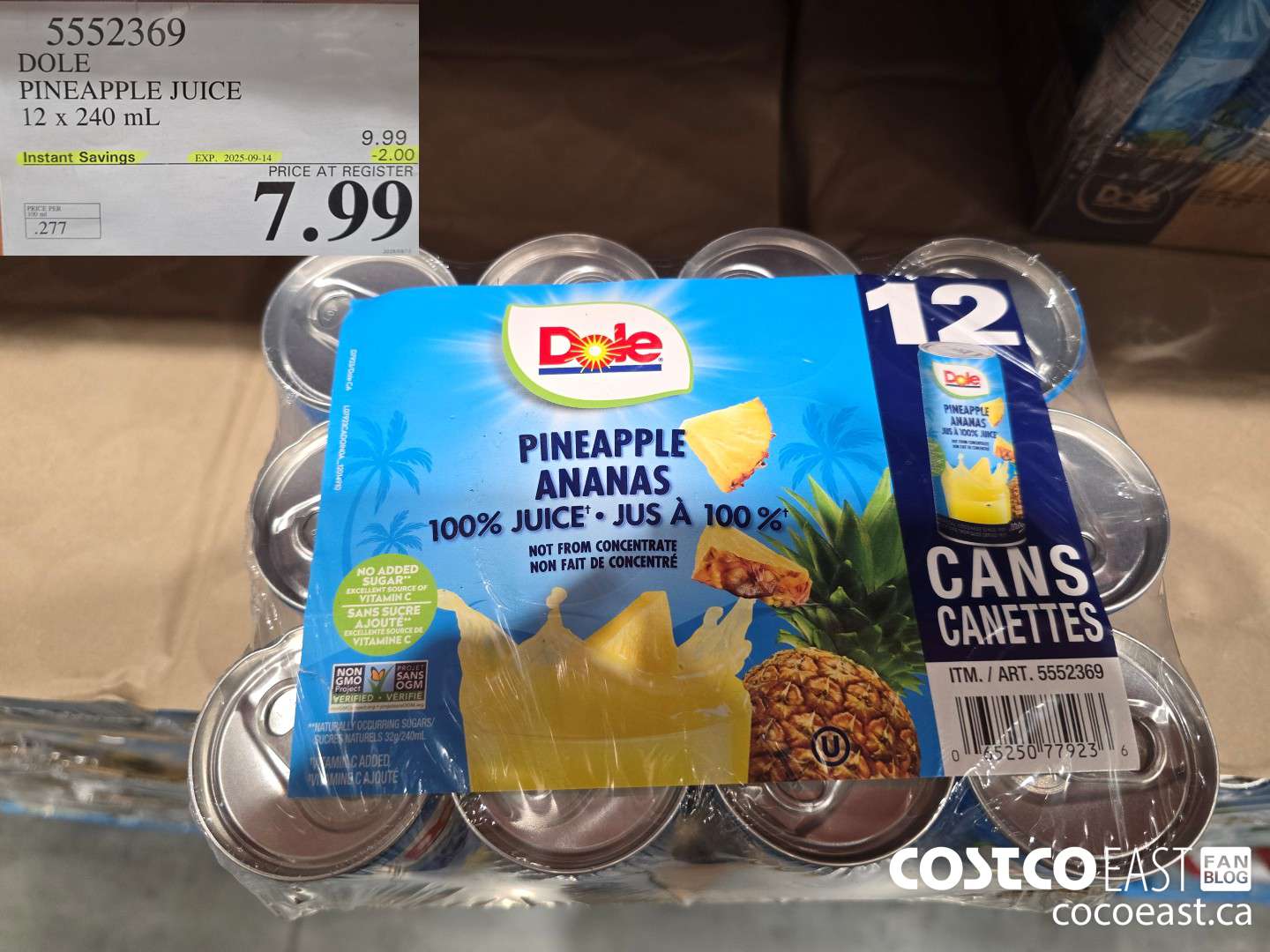 5552369 DOLE PINEAPPLE JUICE 12 x 240 mL ($2.00 INSTANT SAVINGS EXPIRES ON 2025-09-14) $7.99