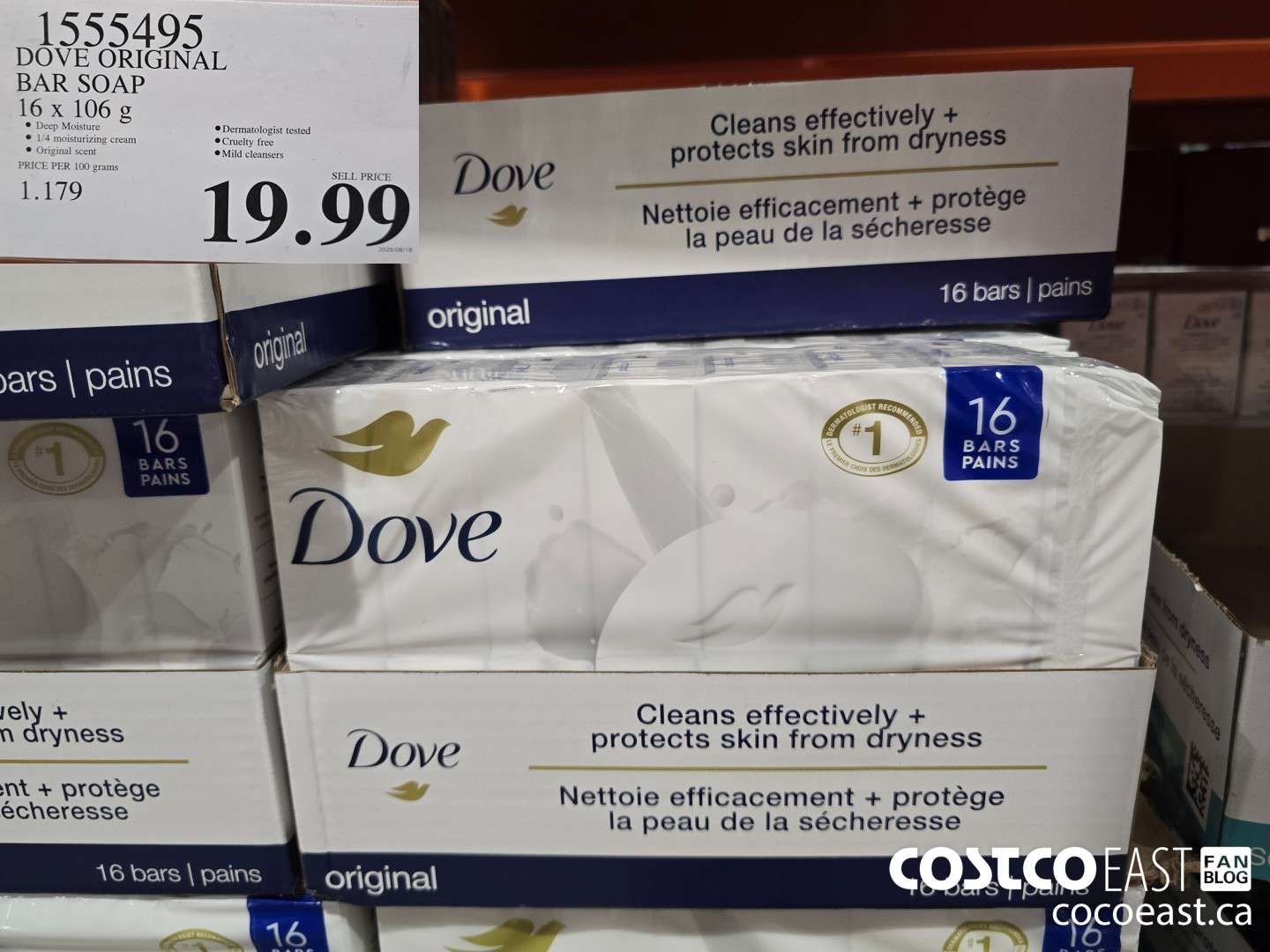 1555495 DOVE BAR SOAP ORIGINAL 16 x 106 g $19.99