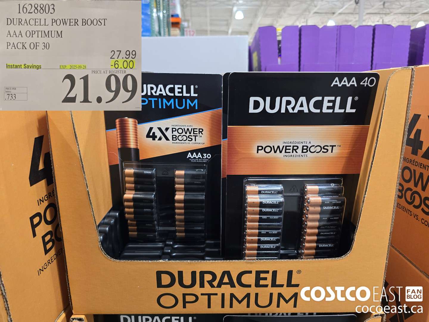 1628803 DURACELL POWER BOOST AAA OPTIMUM PACK OF 30 ($6.00 INSTANT SAVINGS EXPIRES ON 2025-09-28) $21.99