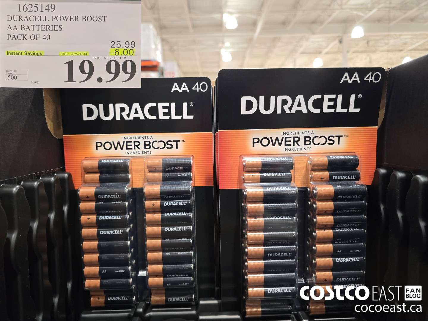 1625149 DURACELL POWER BOOST AA BATTERIES PACK OF 40 ($6.00 INSTANT SAVINGS EXPIRES ON 2025-09-14) $19.99