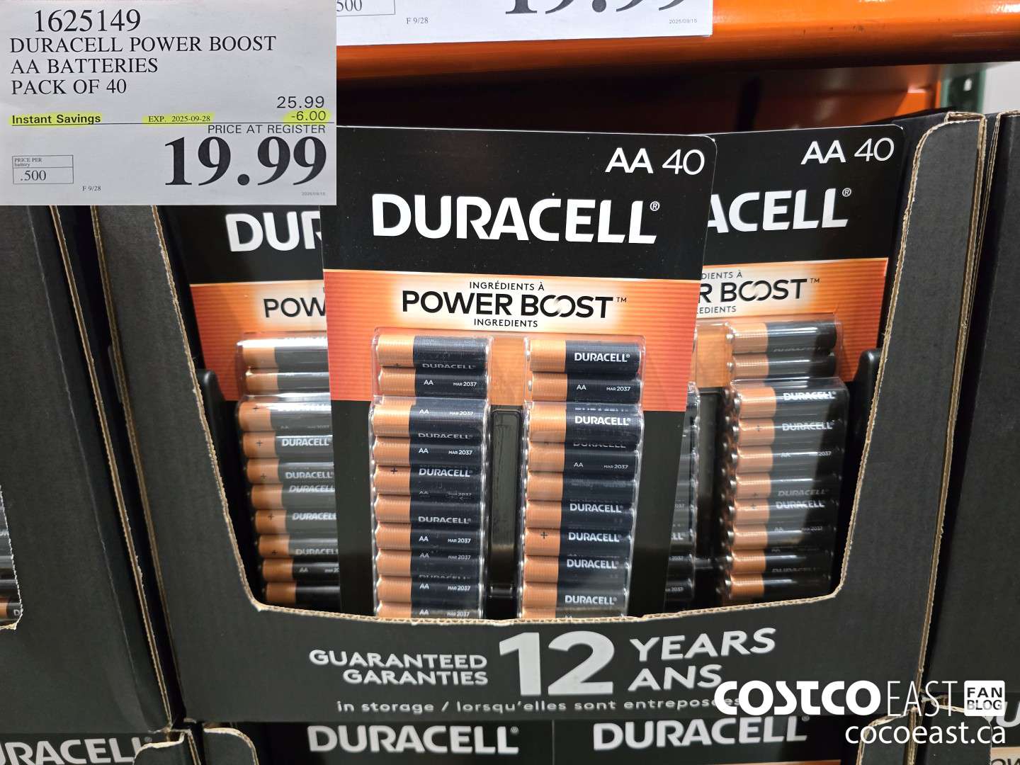 1625149 DURACELL POWER BOOST AA BATTERIES PACK OF 40 ($6.00 INSTANT SAVINGS EXPIRES ON 2025-09-28) $19.99