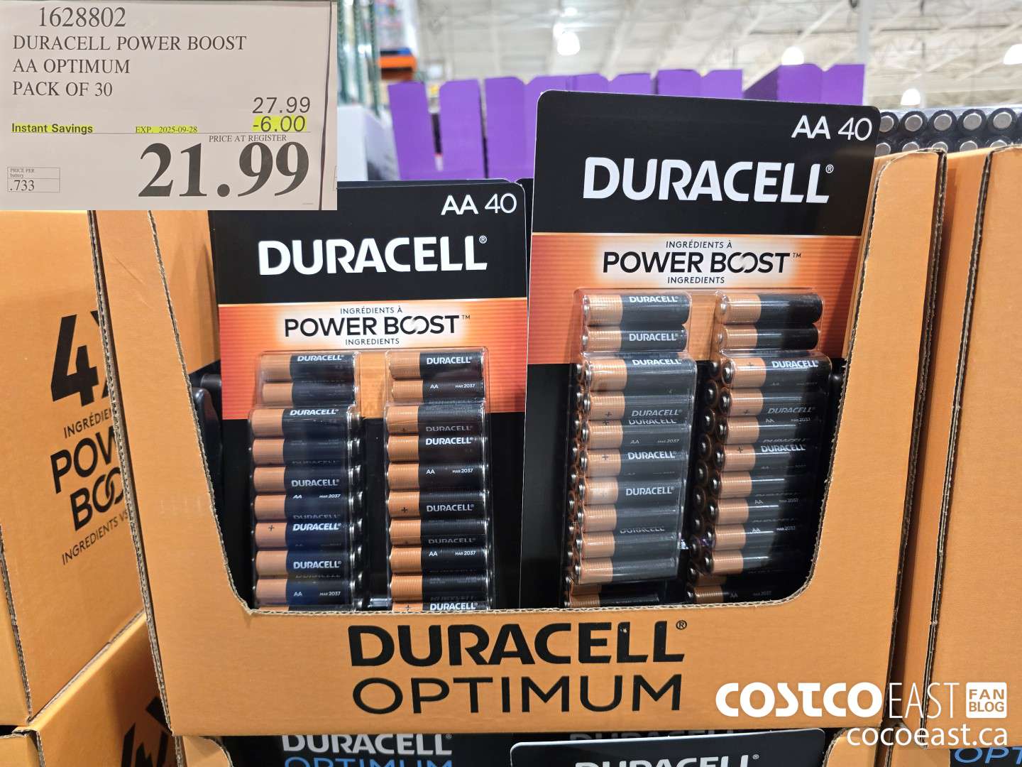 1628802 DURACELL POWER BOOST AA OPTIMUM PACK OF 30 ($6.00 INSTANT SAVINGS EXPIRES ON 2025-09-28) $21.99