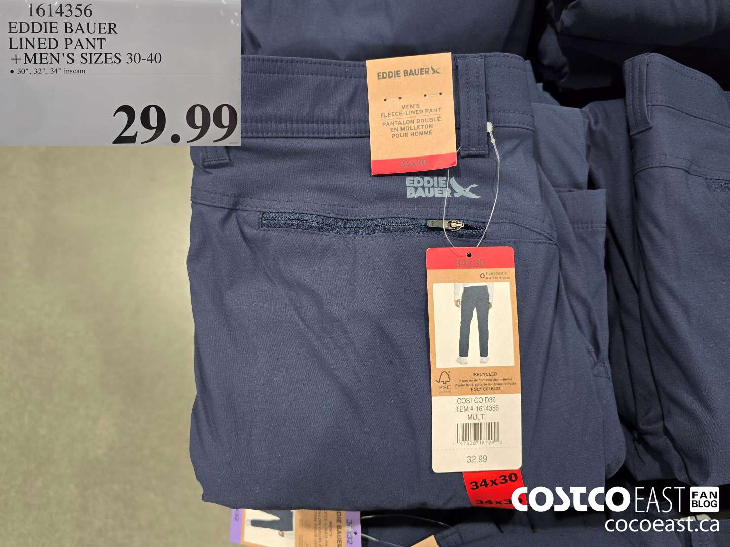 1614356 EDDIE BAUER LINED PANT +MEN'S SIZES 30-40 $29.99