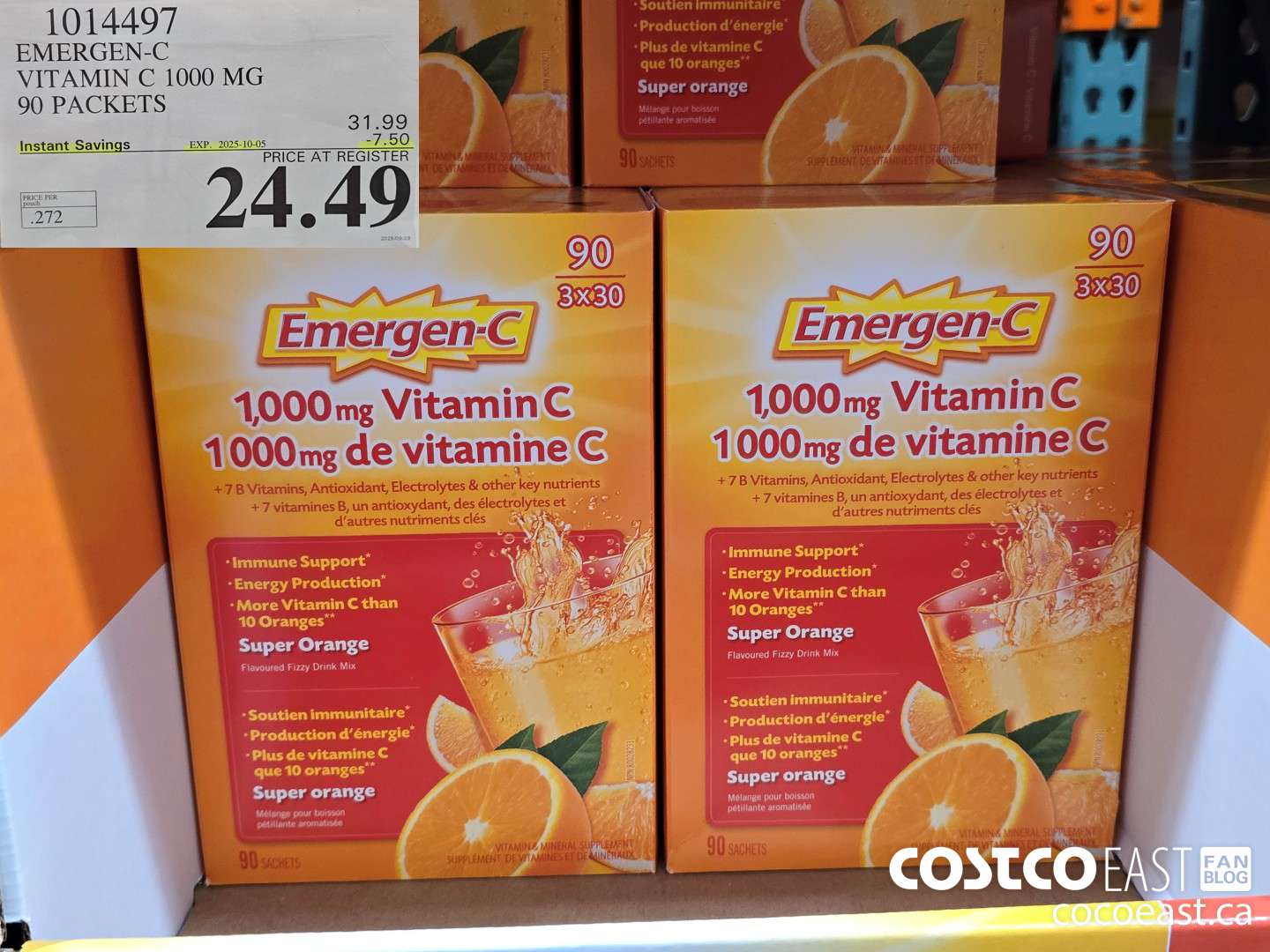 1014497 EMERGEN-C ORANGE VITAMIN C 1000 MG 90 PACKETS ($7.50 INSTANT SAVINGS EXPIRES ON 2025-10-05) $24.49