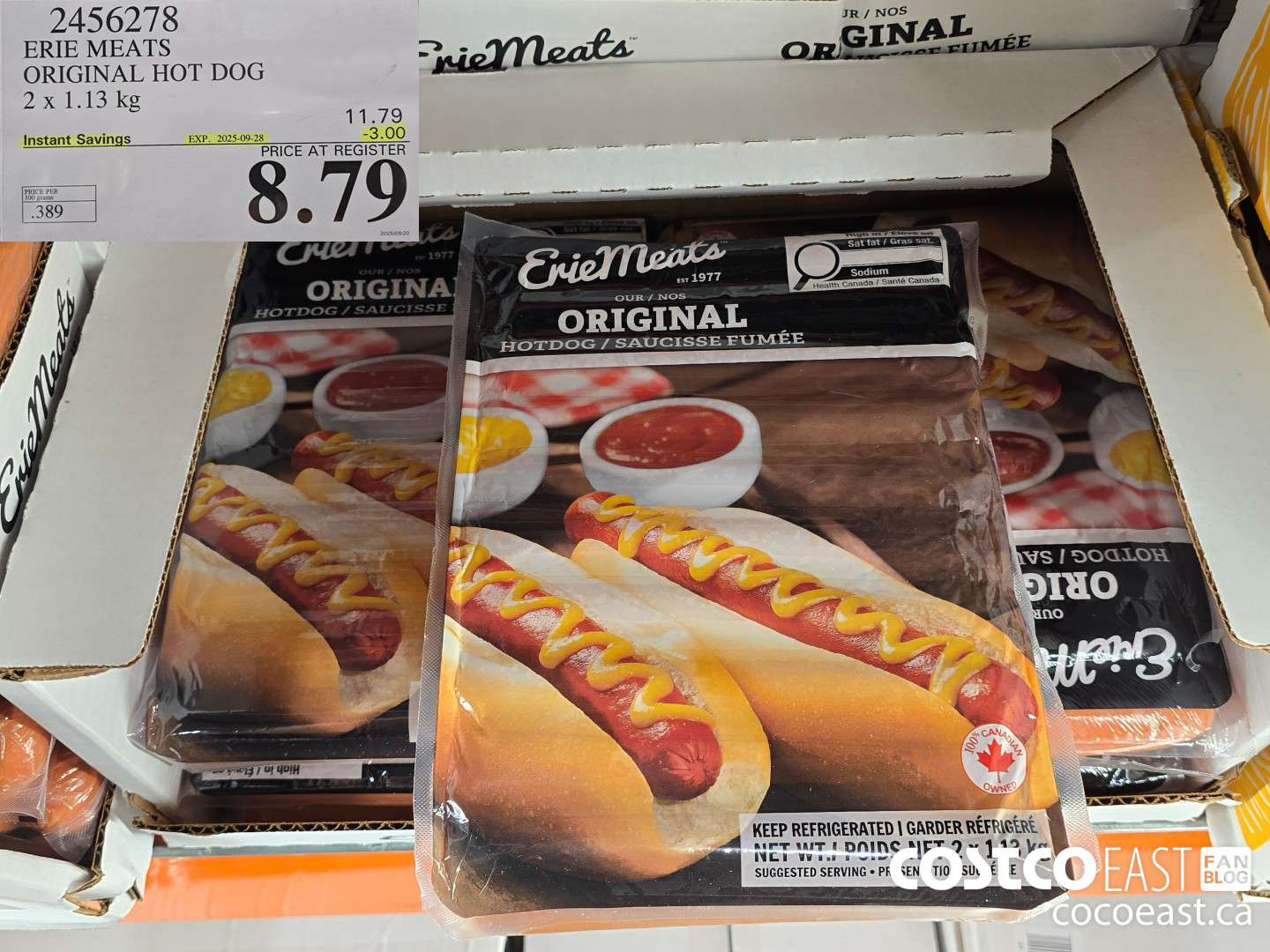 2456278 ERIE MEATS ORIGINAL HOT DOG 2 X 1.13 KG ($3.00 INSTANT SAVINGS EXPIRES ON 2025-09-28) $8.79
