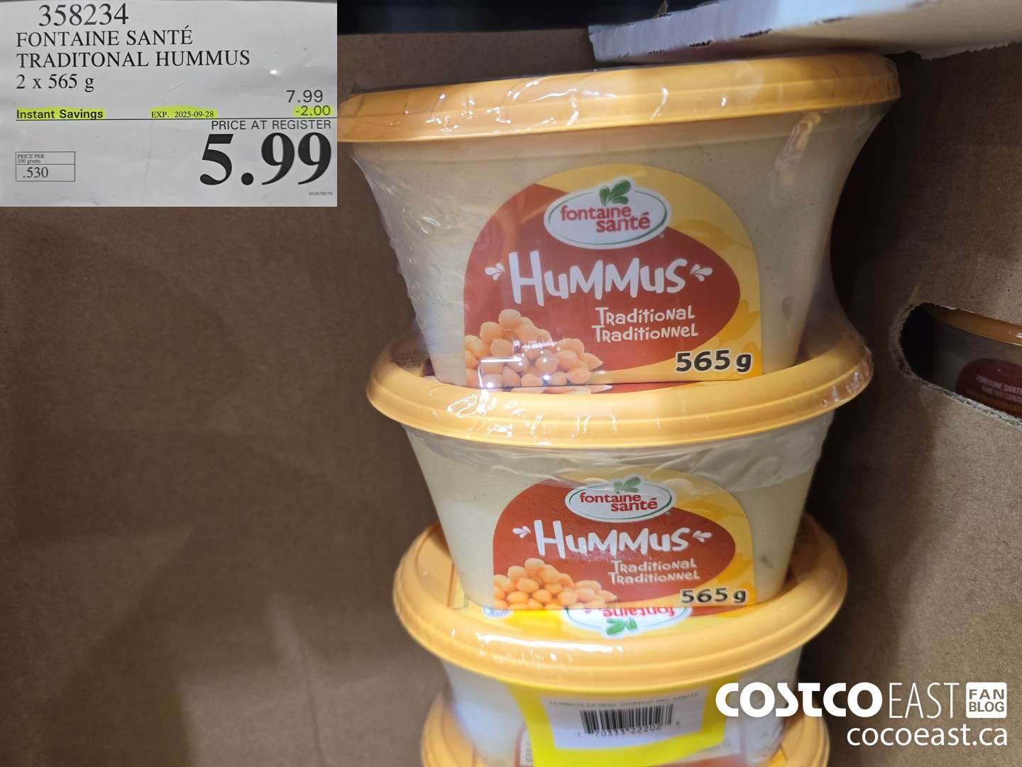 358234 FONTAINE SANTE TRADITIONAL HUMMUS 2 x 565 G ($2.00 INSTANT SAVINGS EXPIRES ON 2025-09-28) $5.99