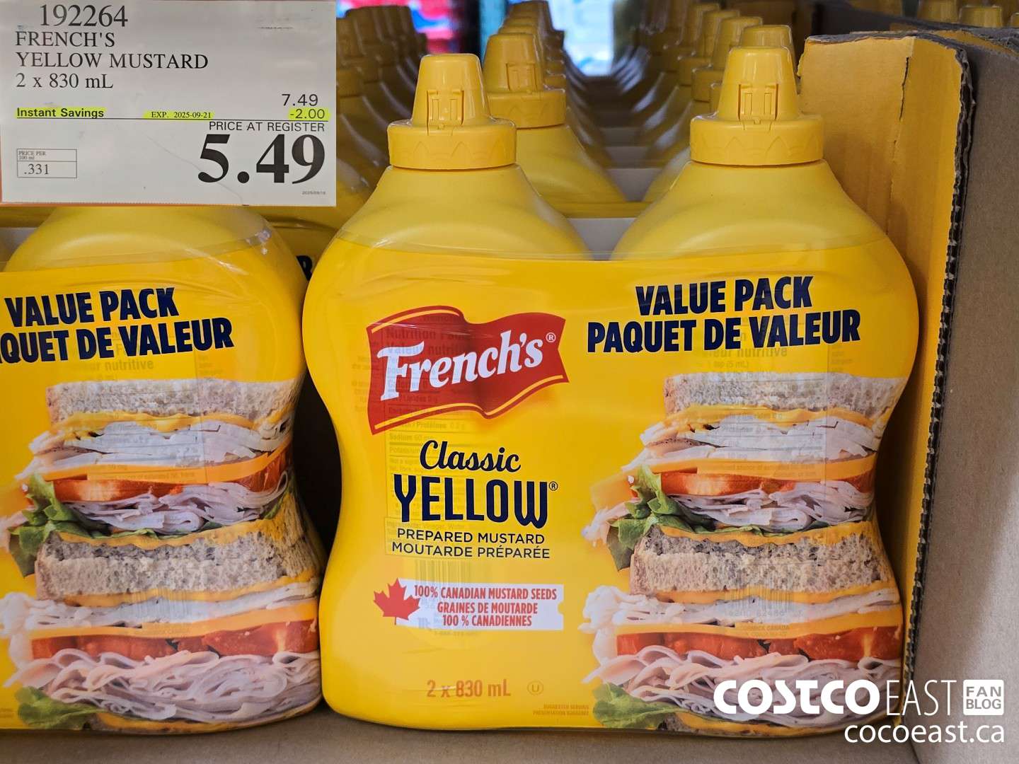 192264 FRENCH'S YELLOW MUSTARD 2 X 830 ML ($2.00 INSTANT SAVINGS EXPIRES ON 2025-09-21) $5.49