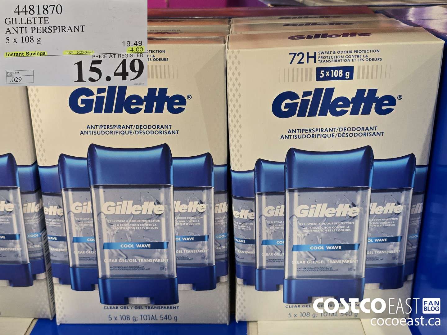 4481870 GILLETTE ANTI-PERSPIRANT 5 X 108 G ($4.00 INSTANT SAVINGS EXPIRES ON 2025-09-28) $15.49