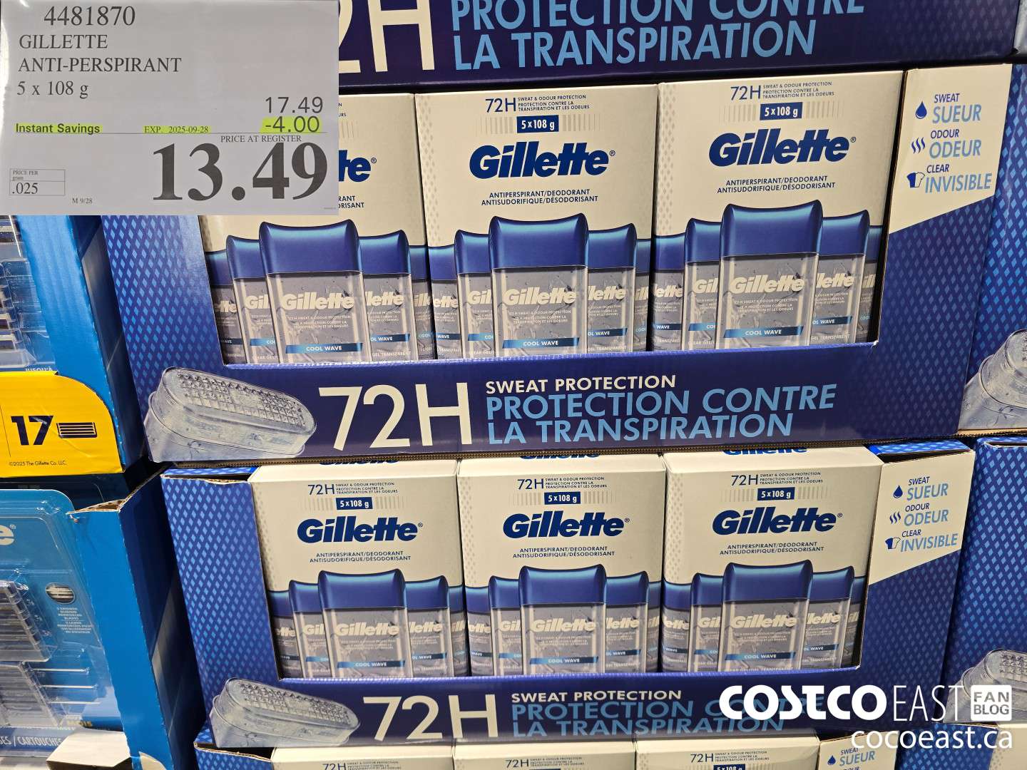 4481870 GILLETTE ANTI-PERSPIRANT 5 X 108 G ($4.00 INSTANT SAVINGS EXPIRES ON 2025-09-28) $135.49