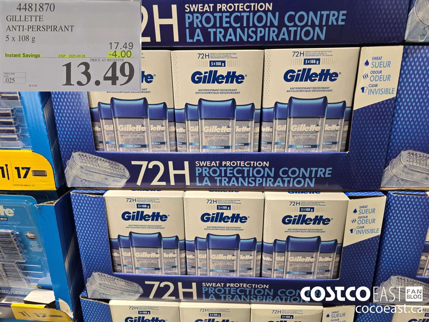 4431870 GILLETTE ANTI-PERSPIRANT 5 X 108 G ($4.00 INSTANT SAVINGS EXPIRES ON 2025-09-28) $13.49