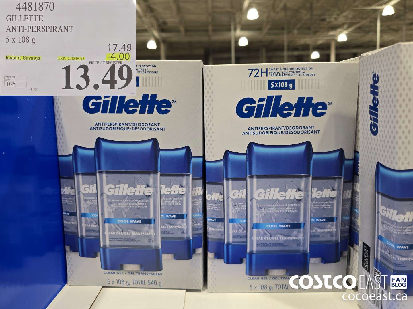 4481870 GILLETTE ANTI-PERSPIRANT 5 X 108 G ($4.00 INSTANT SAVINGS EXPIRES ON 2025-09-28) $135.49
