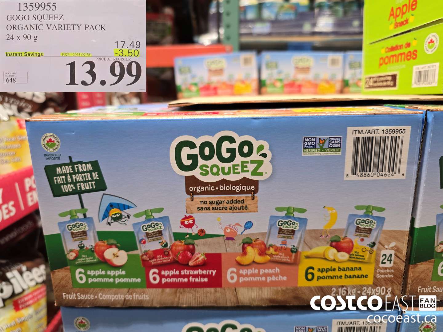 1359955 GOGO SQUEEZ ORGANIC VARIETY PACK 24 x 90 g ($3.50 INSTANT SAVINGS EXPIRES ON 2025-09-28) $13.99