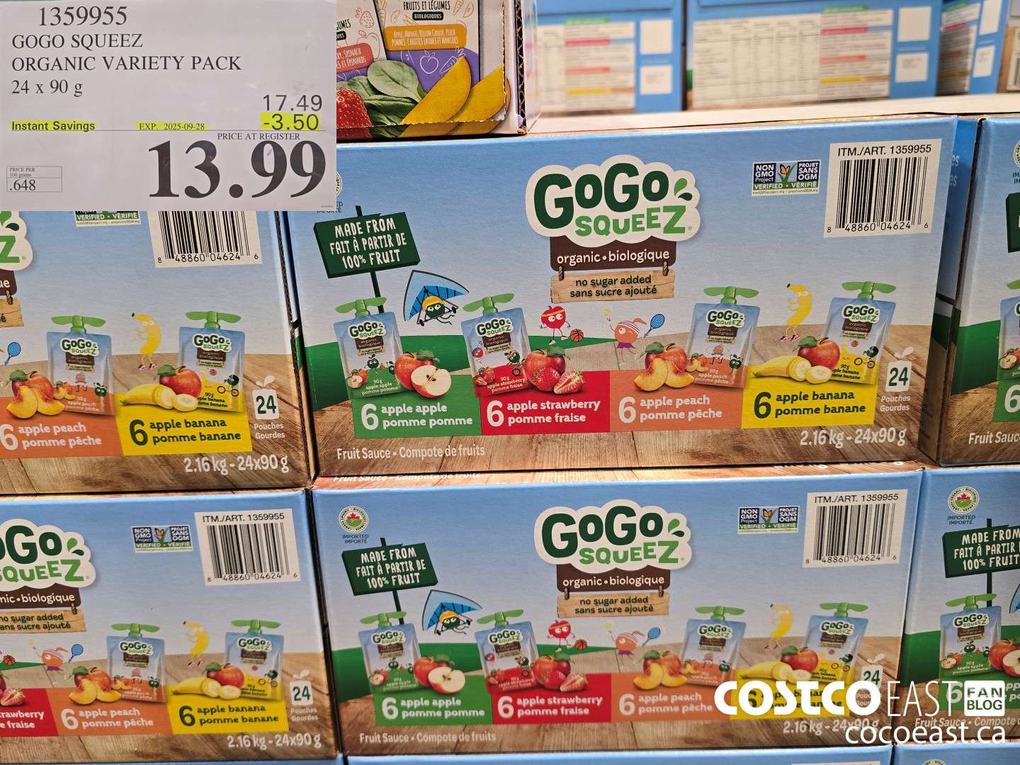 1359955 GOGO SQUEEZ ORGANIC VARIETY PACK 24 x 90 g ($3.50 INSTANT SAVINGS EXPIRES ON 2025-09-28) $13.99