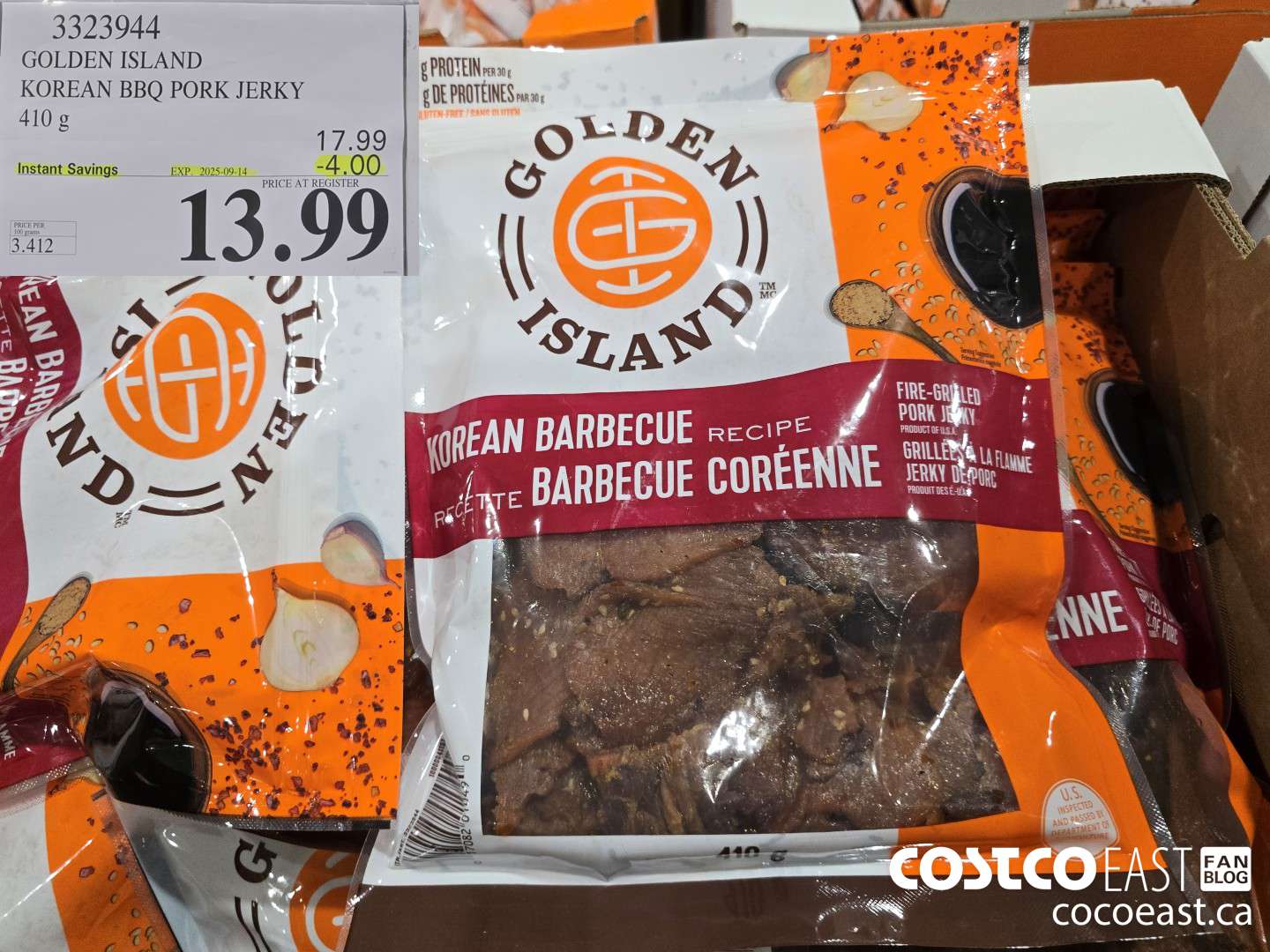 3323944 GOLDEN ISLAND KOREAN BBQ PORK JERKY 410 g ($4.00 INSTANT SAVINGS EXPIRES ON 2025-09-14) $13.99