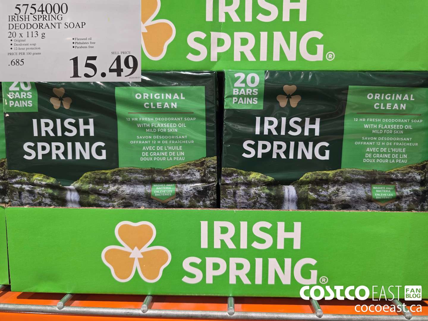 5754000 IRISH SPRING DEODORANT SOAP 20 X 113 G $15.49