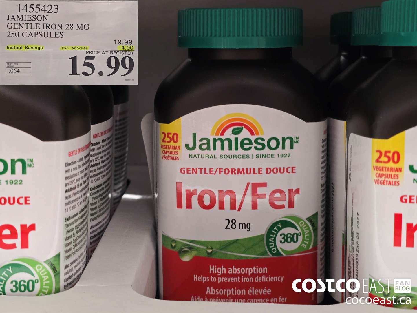 1455423 JAMIESON GENTLE IRON PLUS 28 MG 250 CAPSULES ($4.00 INSTANT SAVINGS EXPIRES ON 2025-09-28) $15.99