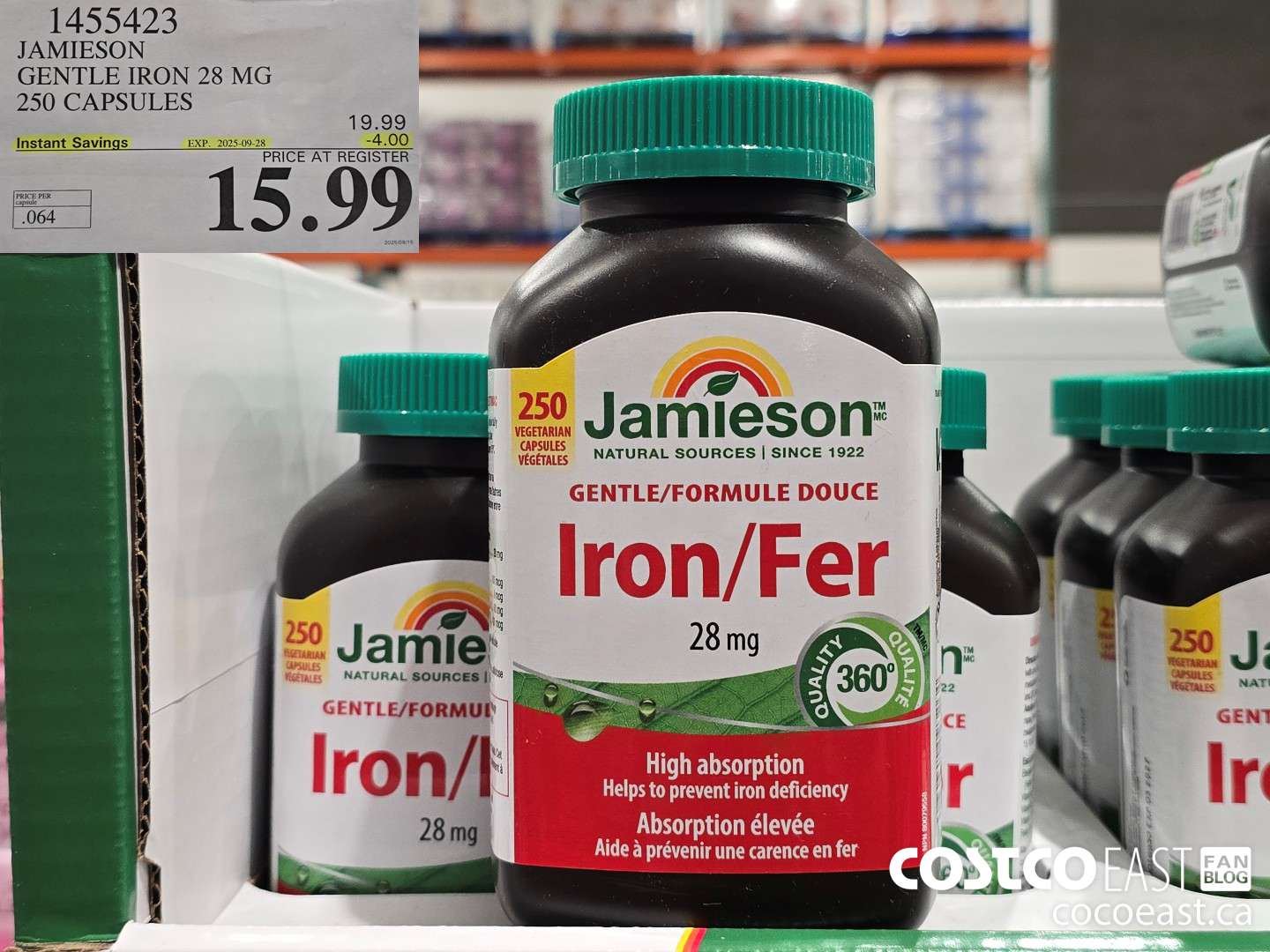 1455423 JAMIESON GENTLE IRON PLUS 28 MG 250 CAPSULES ($4.00 INSTANT SAVINGS EXPIRES ON 2025-09-28) $15.99