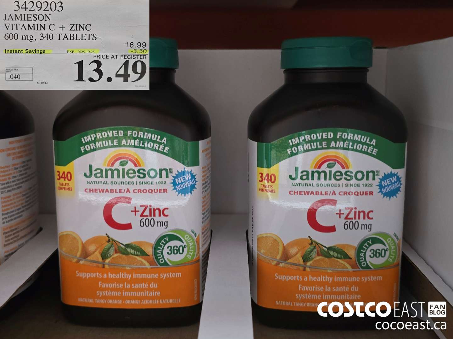 3429203 JAMIESON) VITAMIN C + ZINC 600 mg, 340 TABLETS ($3.50 INSTANT SAVINGS EXPIRES ON 2025-10-26) $13.49