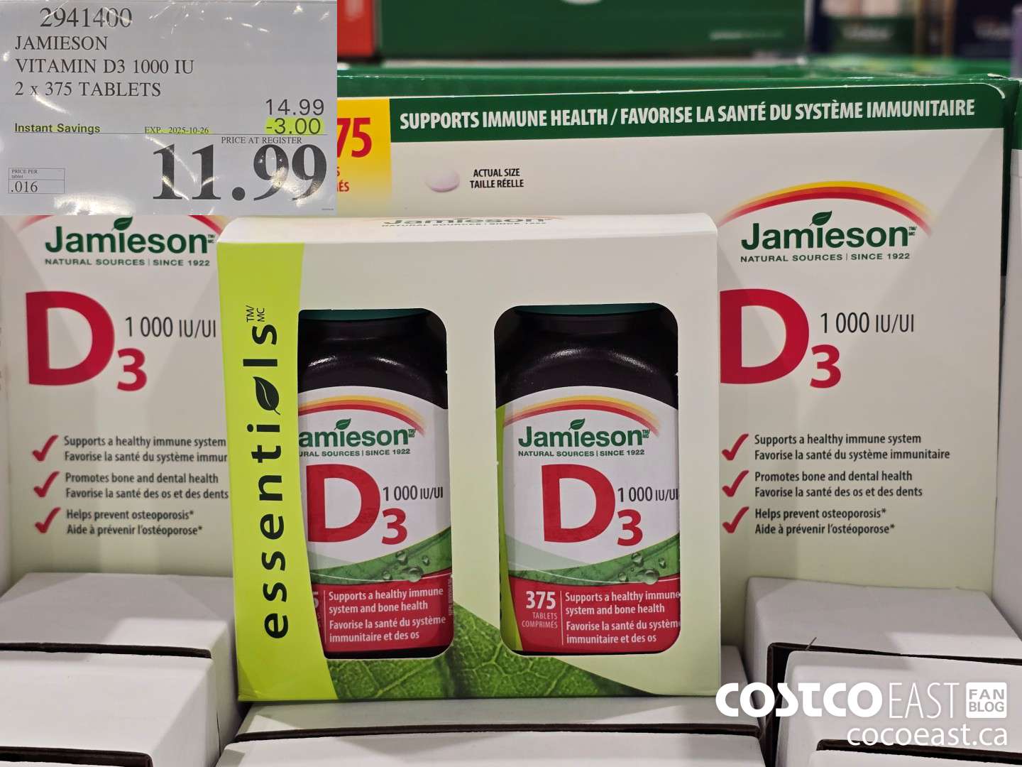 2941400 JAMIESON VITAMIN D3 1000 IU 2 X 375 TABLETS ($3.00 INSTANT SAVINGS EXPIRES ON 2025-10-26) $11.99
