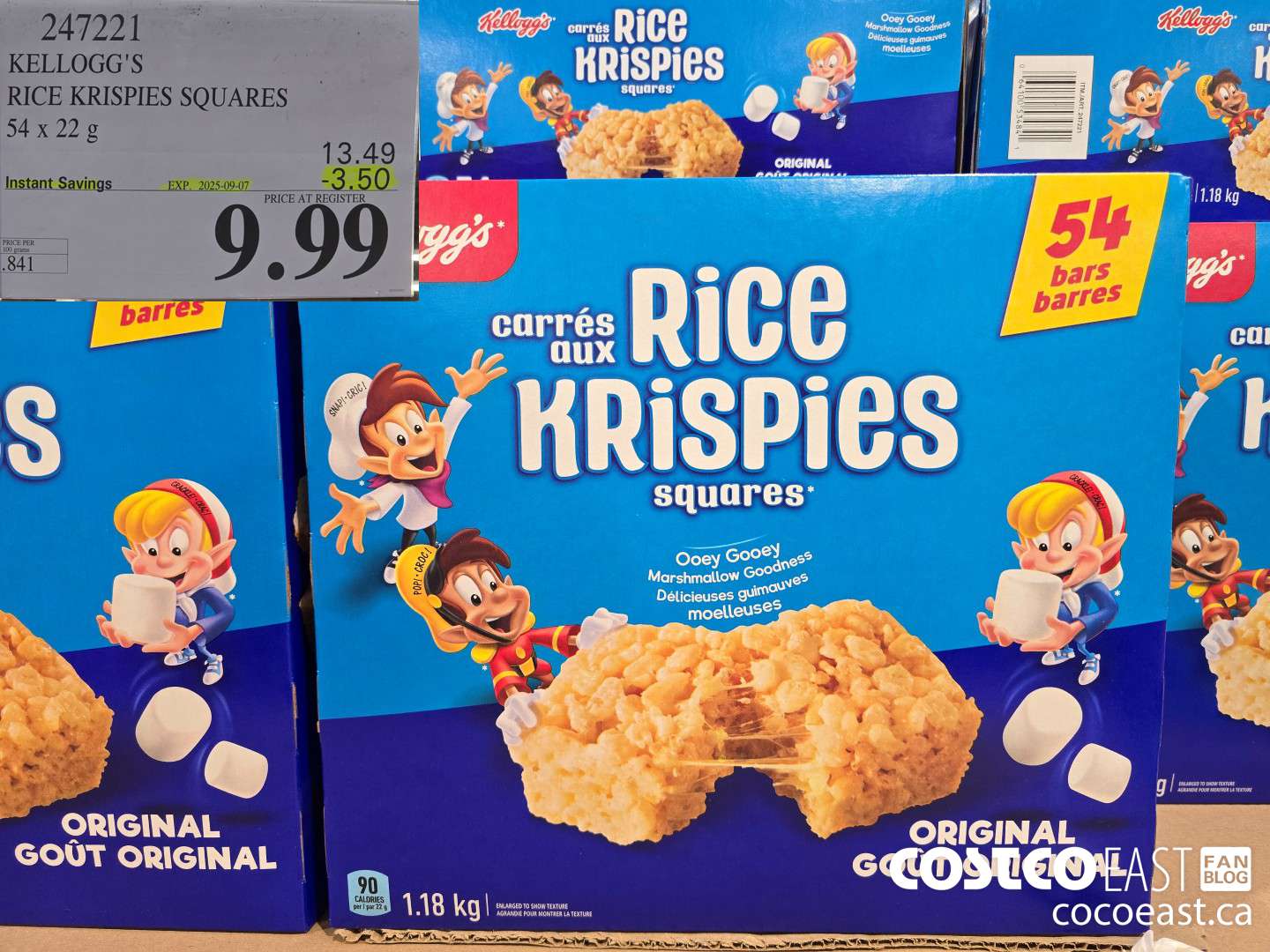 247221 KELLOGG'S RICE KRISPIES SQUARES 54 X 22 G ($3.50 INSTANT SAVINGS EXPIRES ON 2025-09-07) $9.99