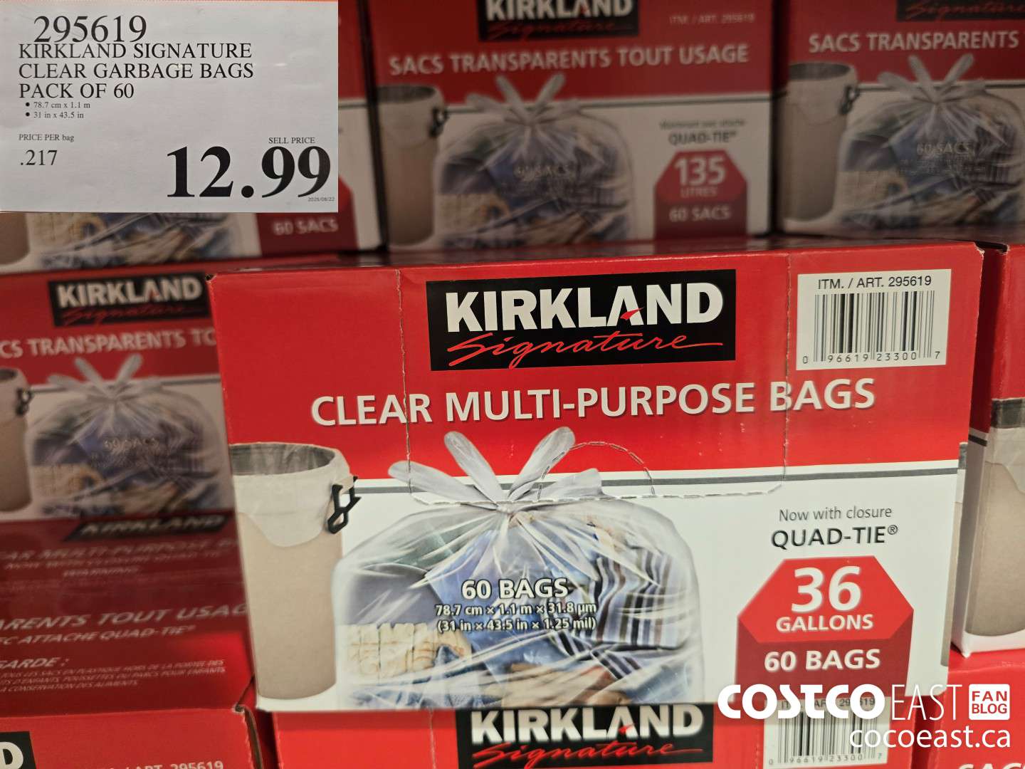 295619 KIRKLAND SIGNATURE CLEAR GARBAGE BAGS PACK OF 60 $12.99