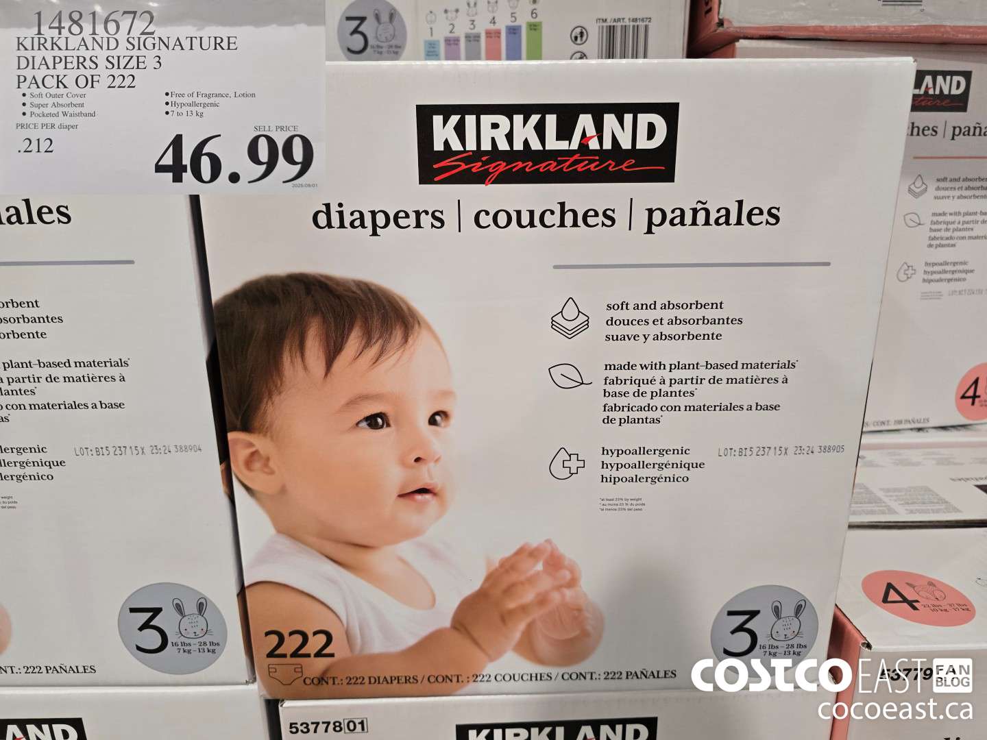 1481672 KIRKLAND SIGNATURE DIAPERS SIZE 3 PACK OF 222 $46.99