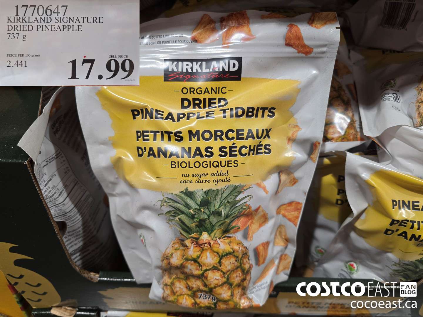 1770647 KIRKLAND SIGNATURE DRIED PINEAPPLE 737 G $17.99