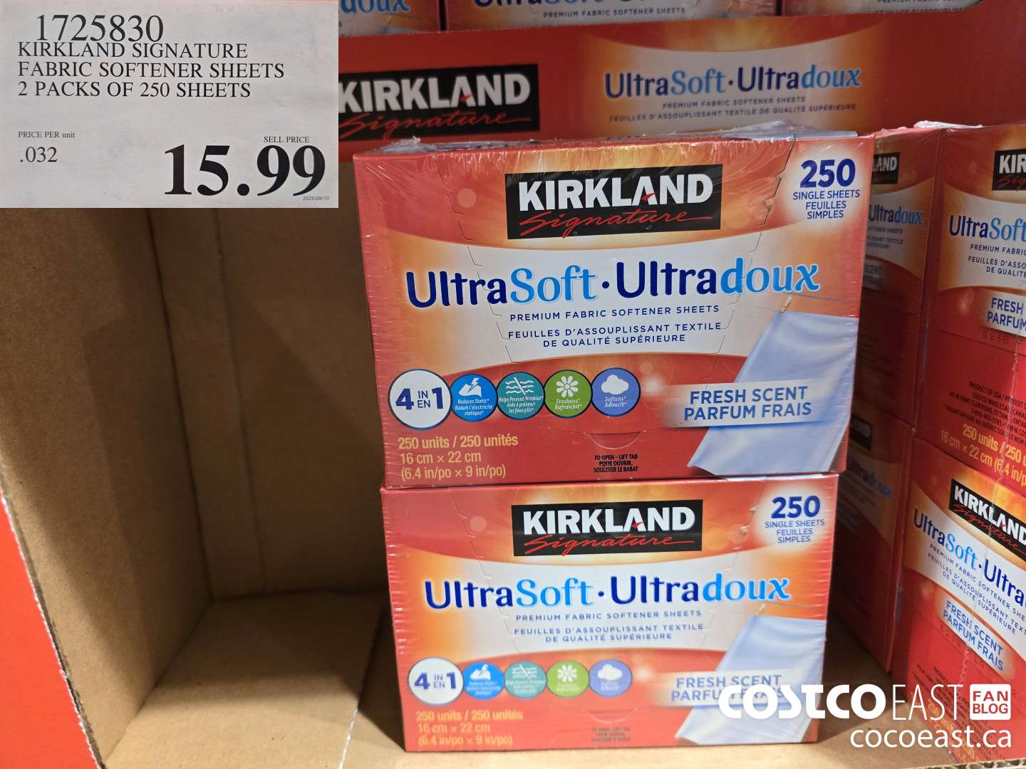 1725830 KIRKLAND SIGNATURE FABRIC SOFTENER 2 PACKS OF 250 SHEETS $15.99