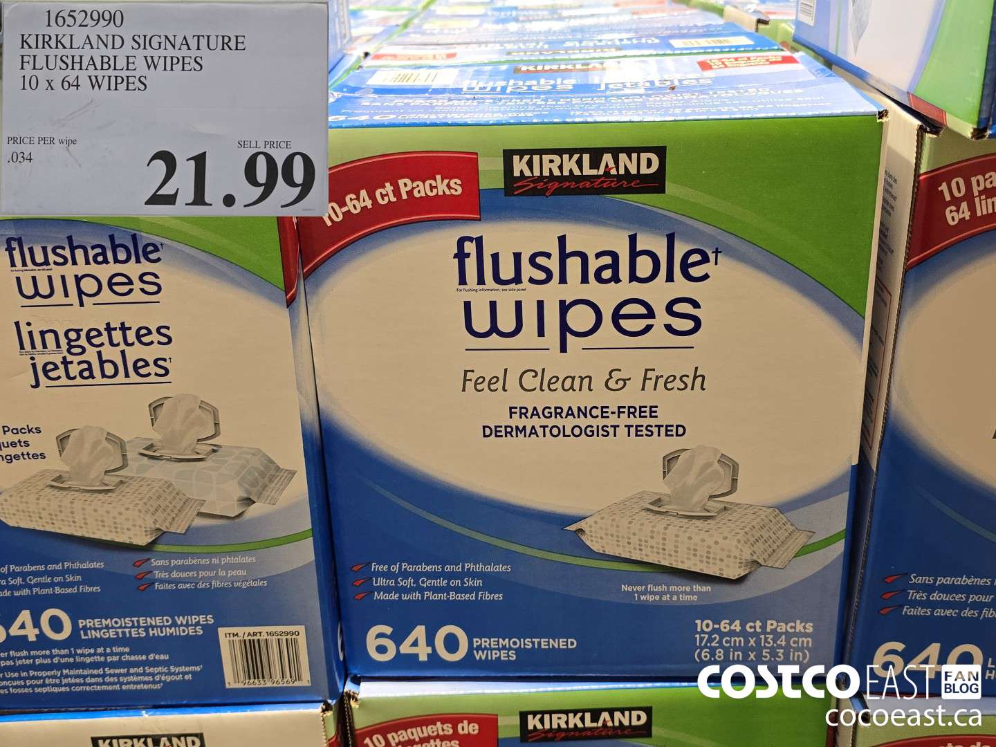 1652990 KIRKLAND SIGNATURE MOIST FLUSHABLE WIPES 10 X 64 WIPES $21.99