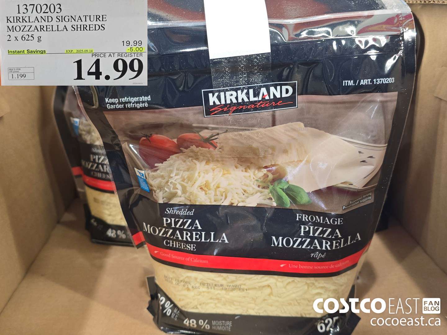 1370203 KIRKLAND SIGNATURE MOZZARELLA SHREDS 2 X 625G ($5.00 INSTANT SAVINGS EXPIRES ON 2025-09-14) $14.99