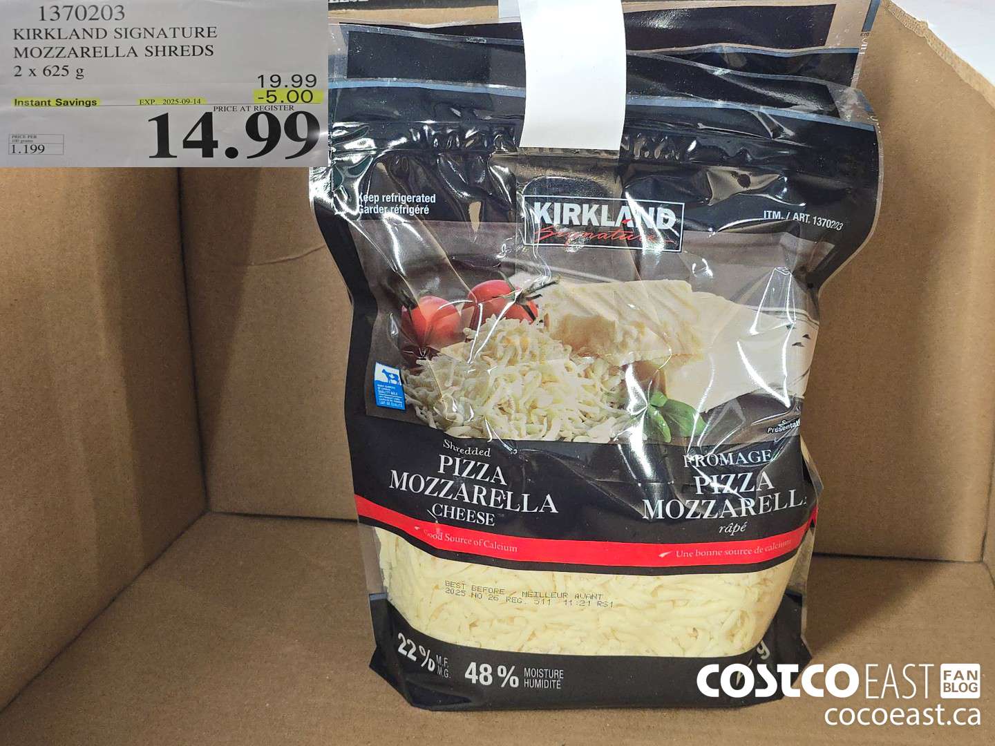 1370203 KIRKLAND SIGNATURE MOZZARELLA SHREDS 2 X 625G ($5.00 INSTANT SAVINGS EXPIRES ON 2025-09-14) $14.99