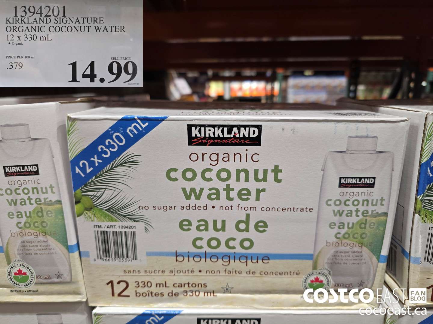 1394201 KIRKLAND SIGNATURE ORGANIC COCONUT WATER 12 X 330 ML $14.99