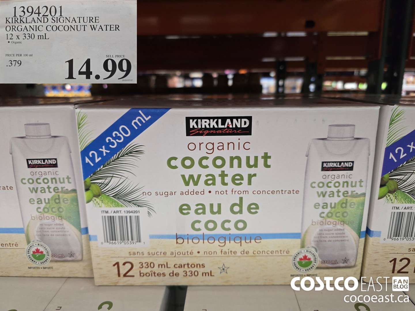 1394201 KIRKLAND SIGNATURE ORGANIC COCONUT WATER 12 X 330 ML $14.99