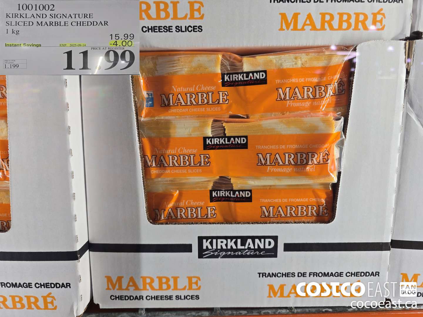 1001002 KIRKLAND SIGNATURE SLICED MARBLE CHEDDAR 1 KG ($4.00 INSTANT SAVINGS EXPIRES ON 2025-09-14) $11.99