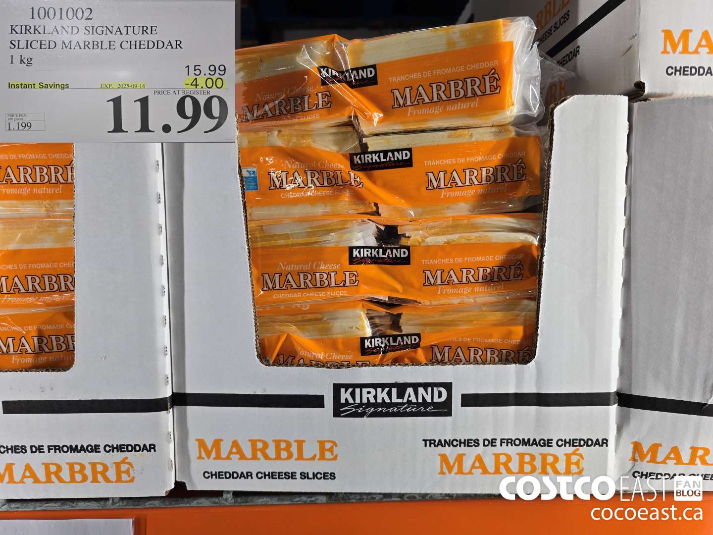 1001002 KIRKLAND SIGNATURE SLICED MARBLE CHEDDAR 1 KG ($4.00 INSTANT SAVINGS EXPIRES ON 2025-09-14) $11.99