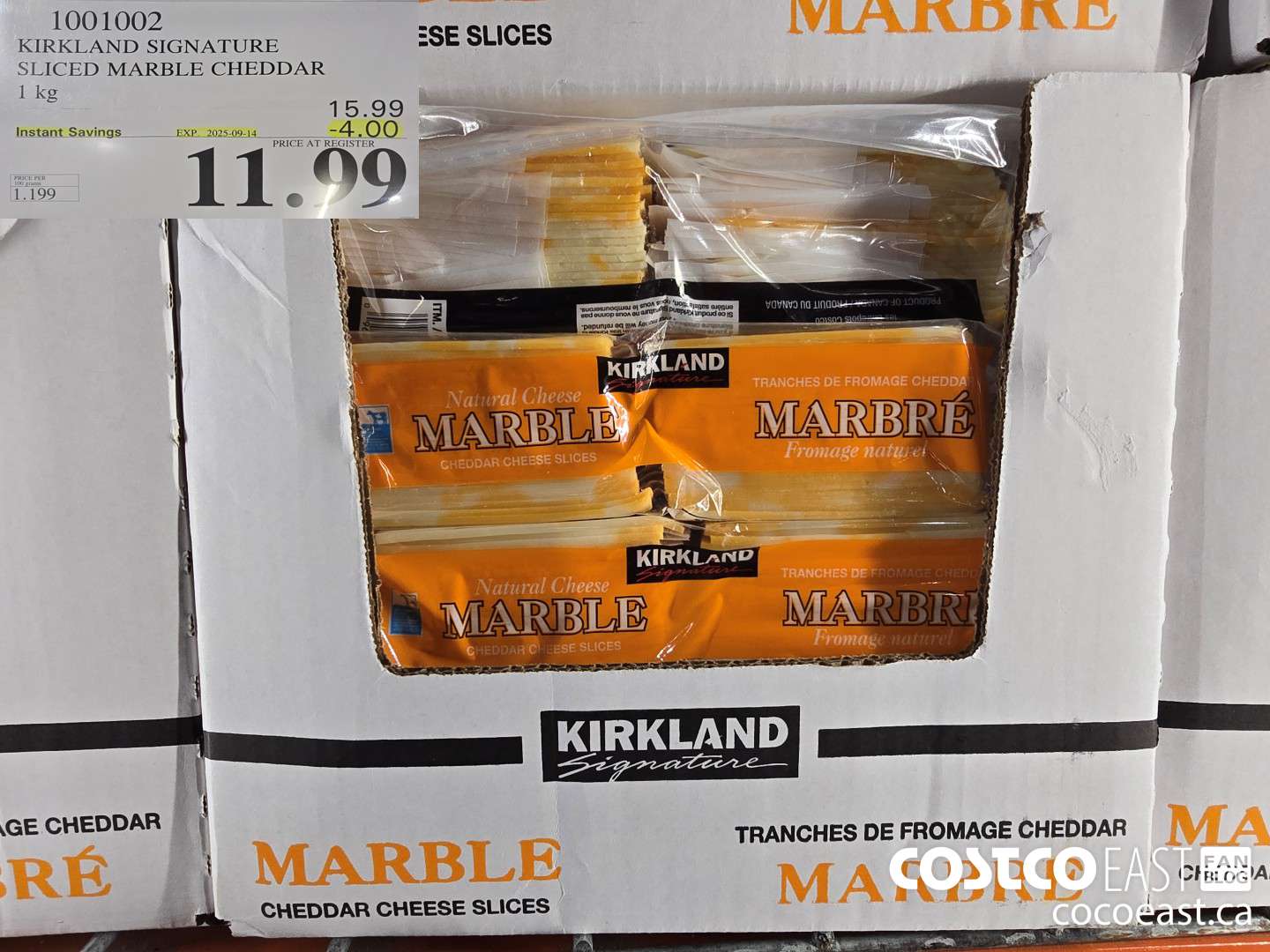1001002 KIRKLAND SIGNATURE SLICED MARBLE CHEDDAR 1 KG ($4.00 INSTANT SAVINGS EXPIRES ON 2025-09-14) $11.99