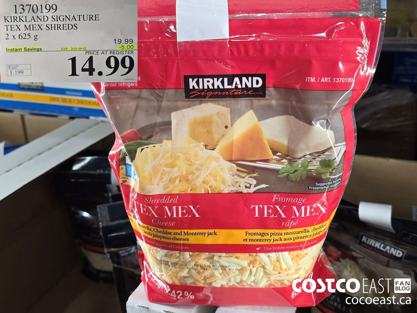 1370199 KIRKLAND SIGNATURE TEX MEX SHREDS 2 X 625G ($5.00 INSTANT SAVINGS EXPIRES ON 2025-09-02) $14.99