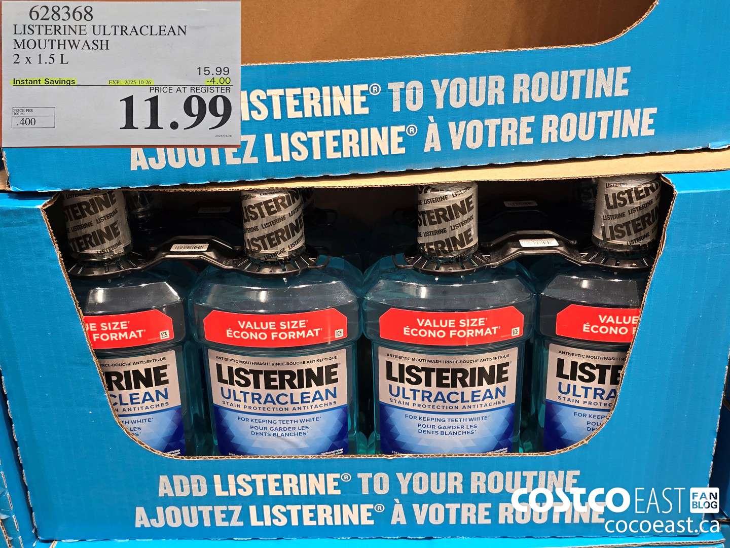 628368 LISTERINE ULTRACLEAN MOUTHWASH 2 x 1.5 L ($4.00 INSTANT SAVINGS EXPIRES ON 2025-10-26) $11.99