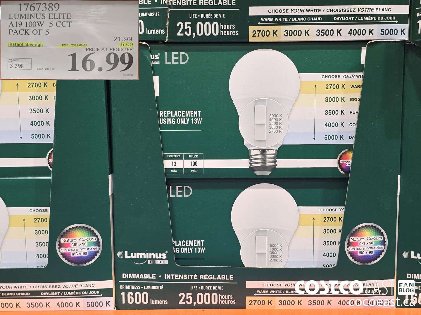 1767389 LUMINUS ELITE A19 100W 5 CCT PACK OF 5 ($5.00 INSTANT SAVINGS EXPIRES ON 2025-09-29) $16.99