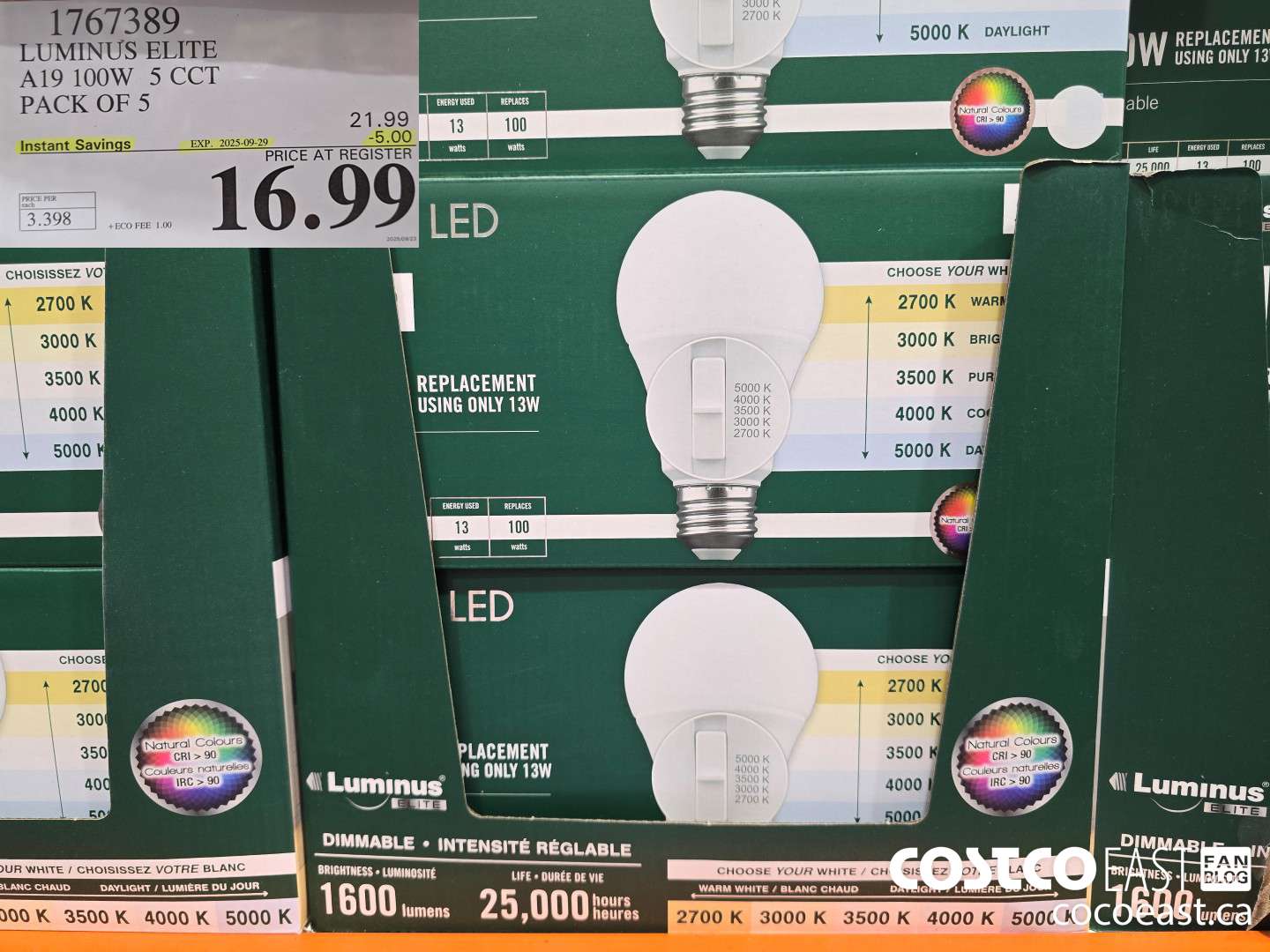 1767389 LUMINUS ELITE A19 100W 5 CCT PACK OF 5 ($5.00 INSTANT SAVINGS EXPIRES ON 2025-09-29) $16.99