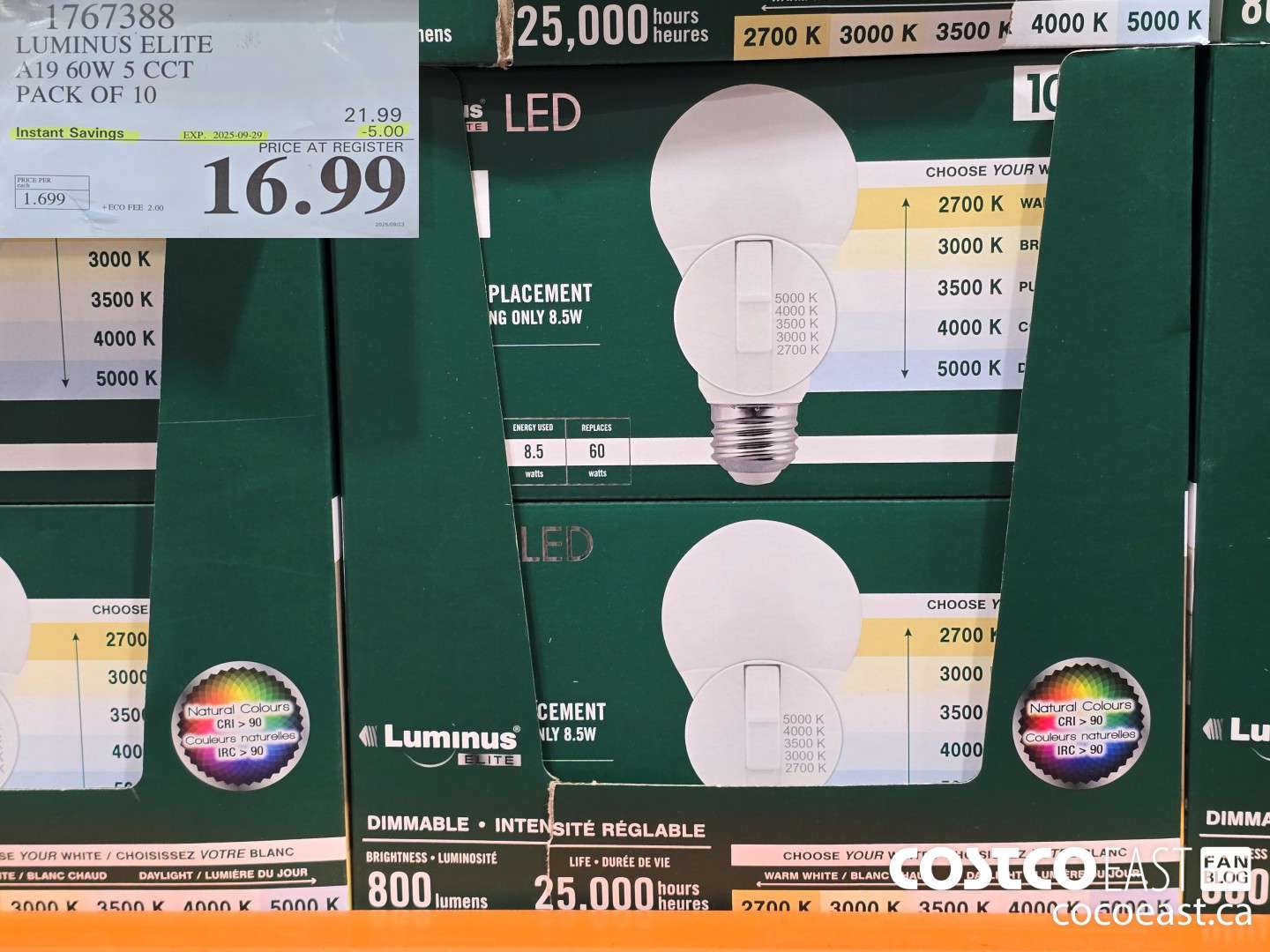 1767388 LUMINUS ELITE A19 60W 5 CCT PACK OF 10 ($5.00 INSTANT SAVINGS EXPIRES ON 2025-09-29) $16.99