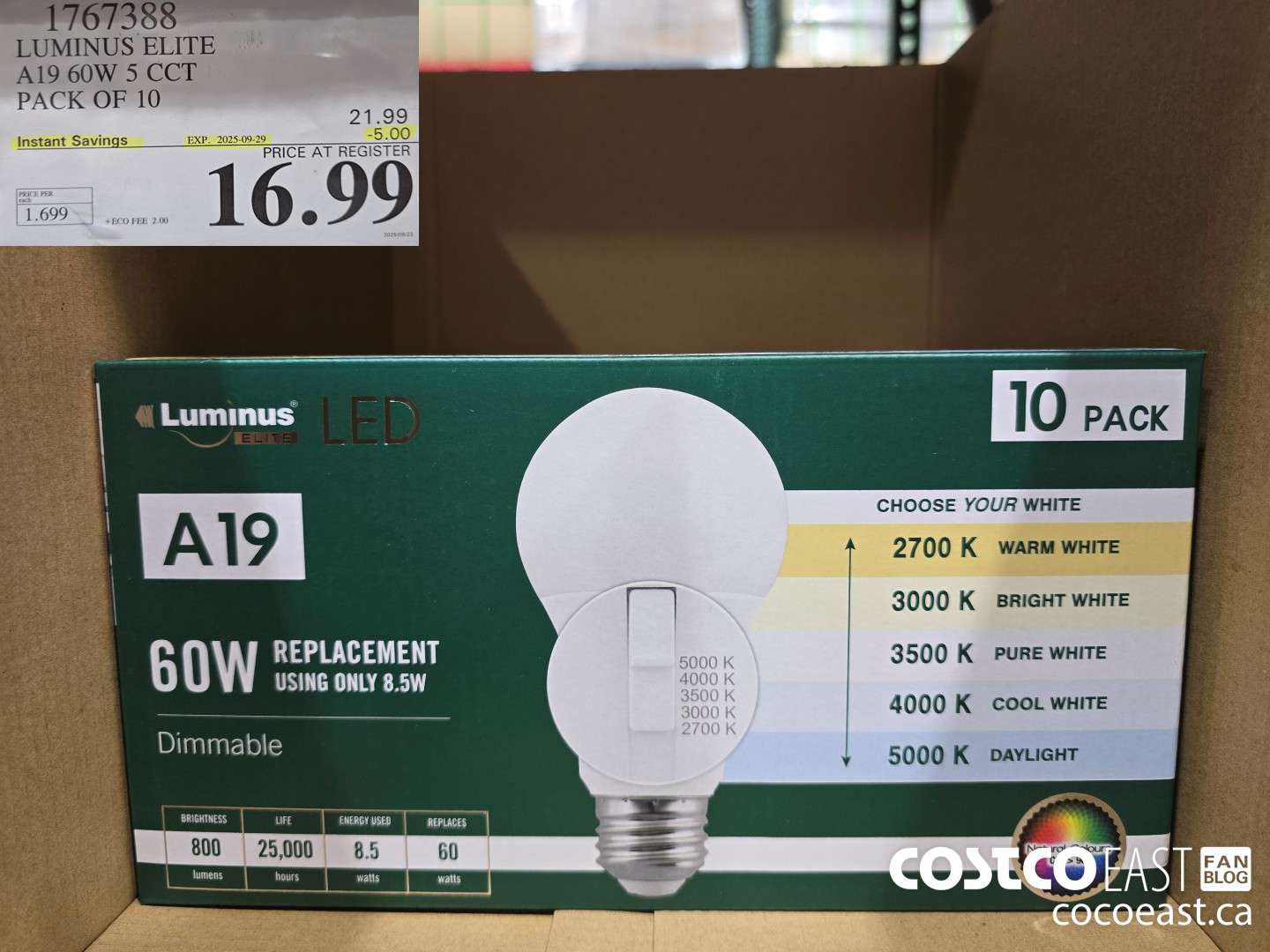 1767388 LUMINUS ELITE A19 60W 5 CCT PACK OF 10 ($5.00 INSTANT SAVINGS EXPIRES ON 2025-09-29) $16.99